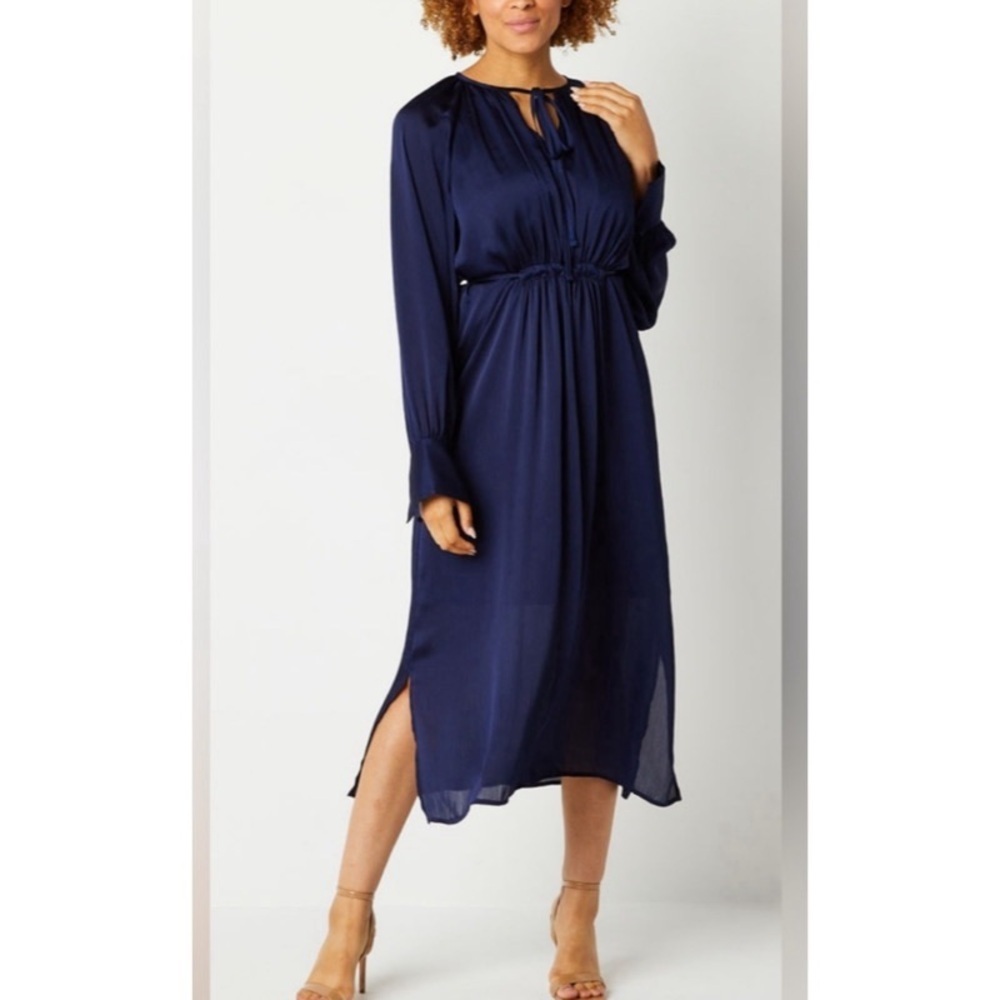 Elegant Navy Blue Tie Waist Midi Dress
